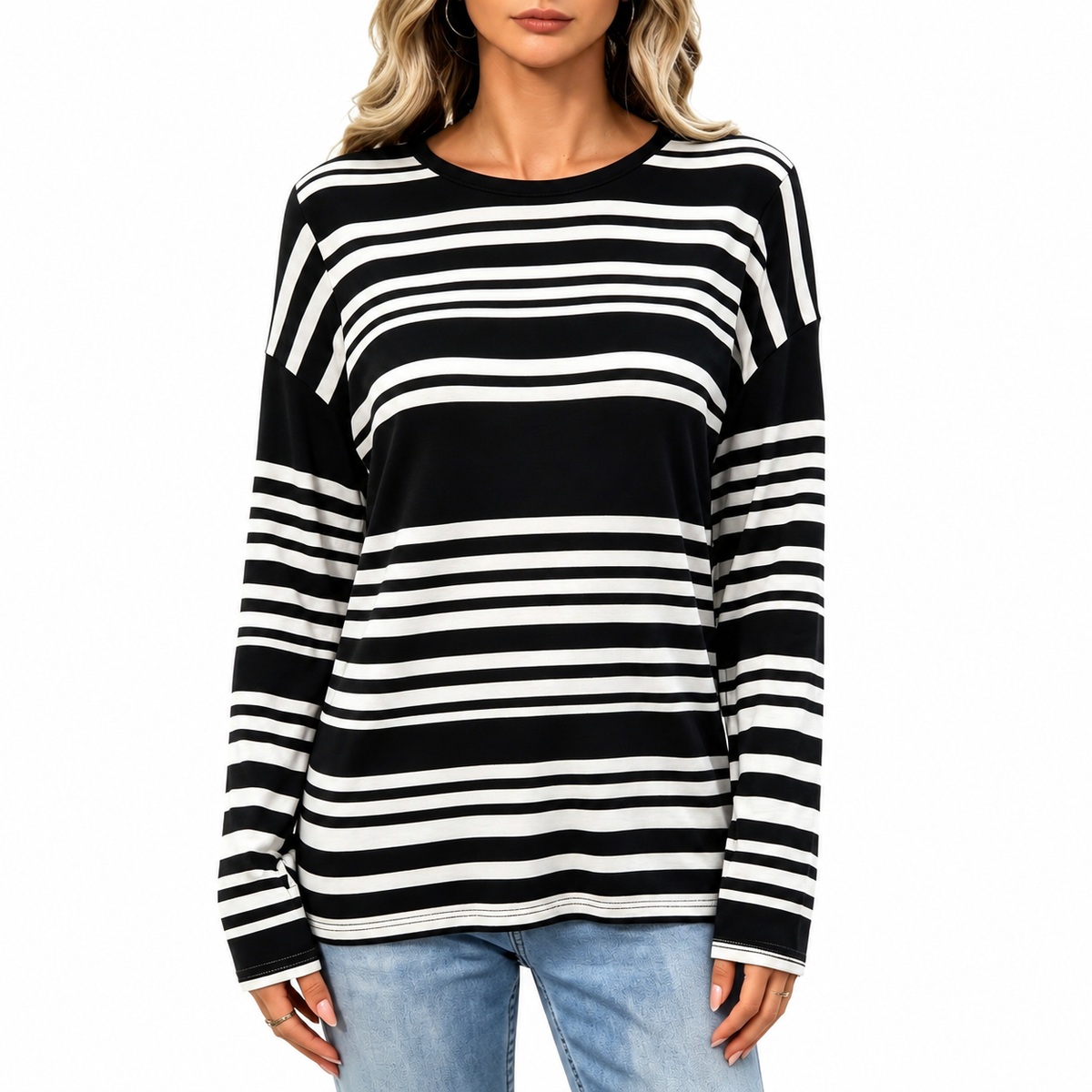 WQD Womens Long Sleeve Sweater Tops Crew Neck Striped Sweater for Women Lightweight Pullover Sweaters Casual Striped Womens Top Sweater