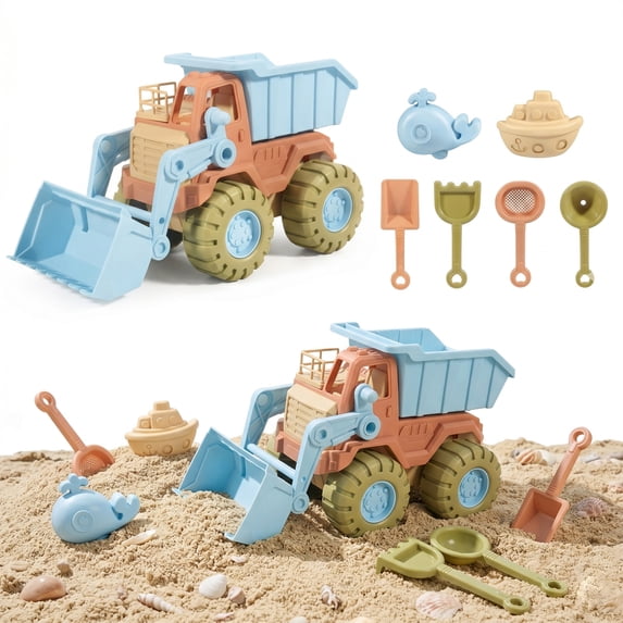Flynow 7 PCS Beach Toy Set for Kids 3+ Years Old, Friendly Travel Play Sand Construction Set, Sand Castle Building Kit, Outdoor Car Toy Set, Birthday Gift for Girl Boy Age 3 4 5 6 7 8