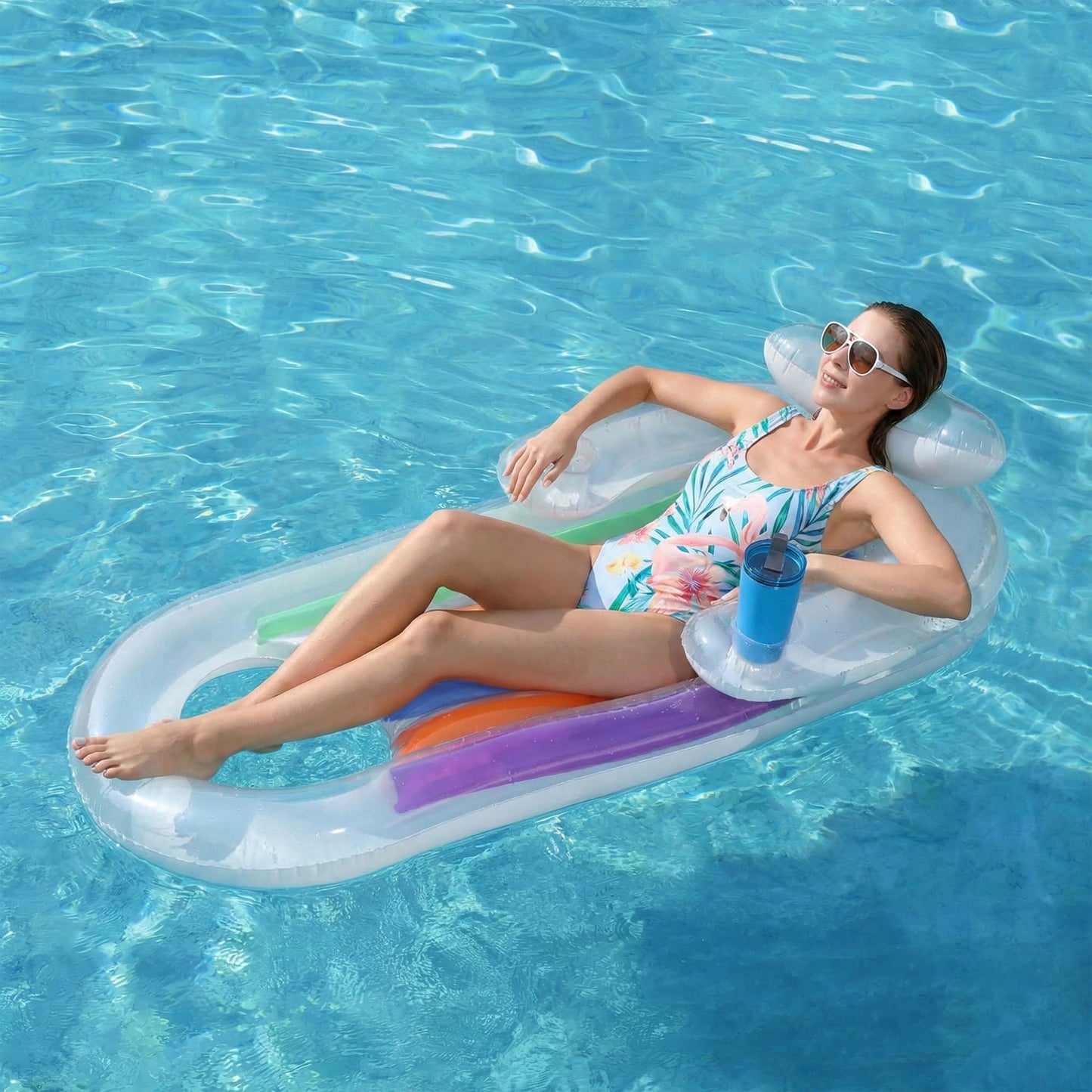 Flynow Inflatable Pool Float Adult, Pool Floaties Lounger Floats Floating Chair Raft with Adjustable Backrest Cup Holders Water Floaty Lake Lounge Tanning Floats Beach Party Toys for Adults