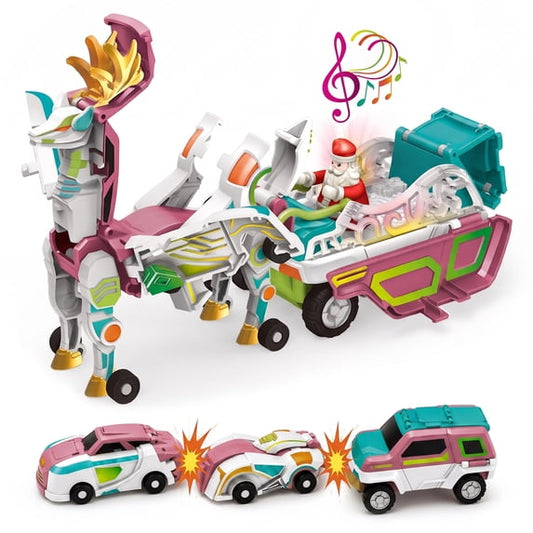 Flynow Transforming Cars – 3 in 1 Collision Toy Cars Turns into Reindeer Carriage with LED Lights, Cool Robots Car Toys for Kids Birthday Gift for Boys and Girls 3-10 Years Old