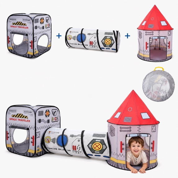 Flynow Rocket Ship Pop up Play Tent toys for 0-1-2-3-4-5-6 year old with Tunnel and Playhouse Kids Indoor Outdoor Castle Ball Pit For Baby&Toddler Toys Spaceship Tent Set