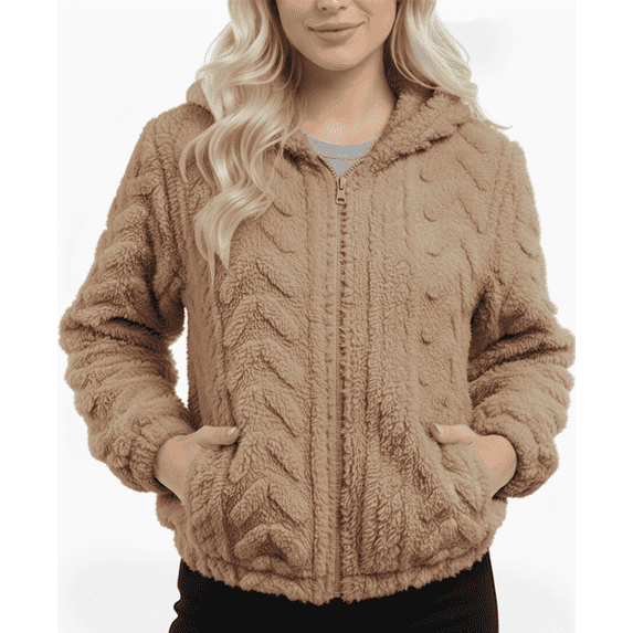 WQD Womens Fleece Jacket Winter Sherpa Coat Long Sleeve Warm Fuzzy Casual Outerwear Soft Cozy Zip Up Hooded Top with Pockets
