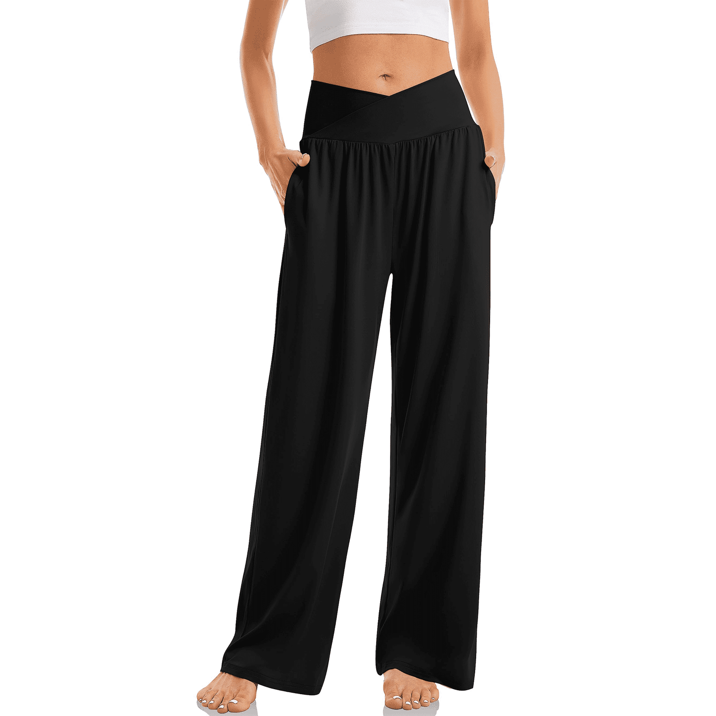 WQD Women’s Sweatpants Wide Leg Lounge Pants Crossover High Waist Yoga Pants with Pockets Comfy Loose Fit Flowy Casual Pajama Pants