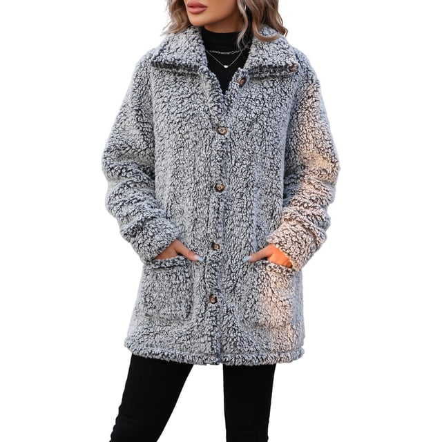 WQD Womens Fleece Jacket Winter Sherpa Coat Long Sleeve Warm Fuzzy Casual Outerwear Soft Cozy Lapel Snow Thick Button Fashion Top with Pockets