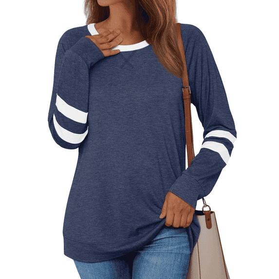 WQD Womens Long Sleeve Shirts Color Block Casual Crewneck Tops Tshirt Basic Tee Fashion Clothes Trendy Outfits for Fall Winter Spring