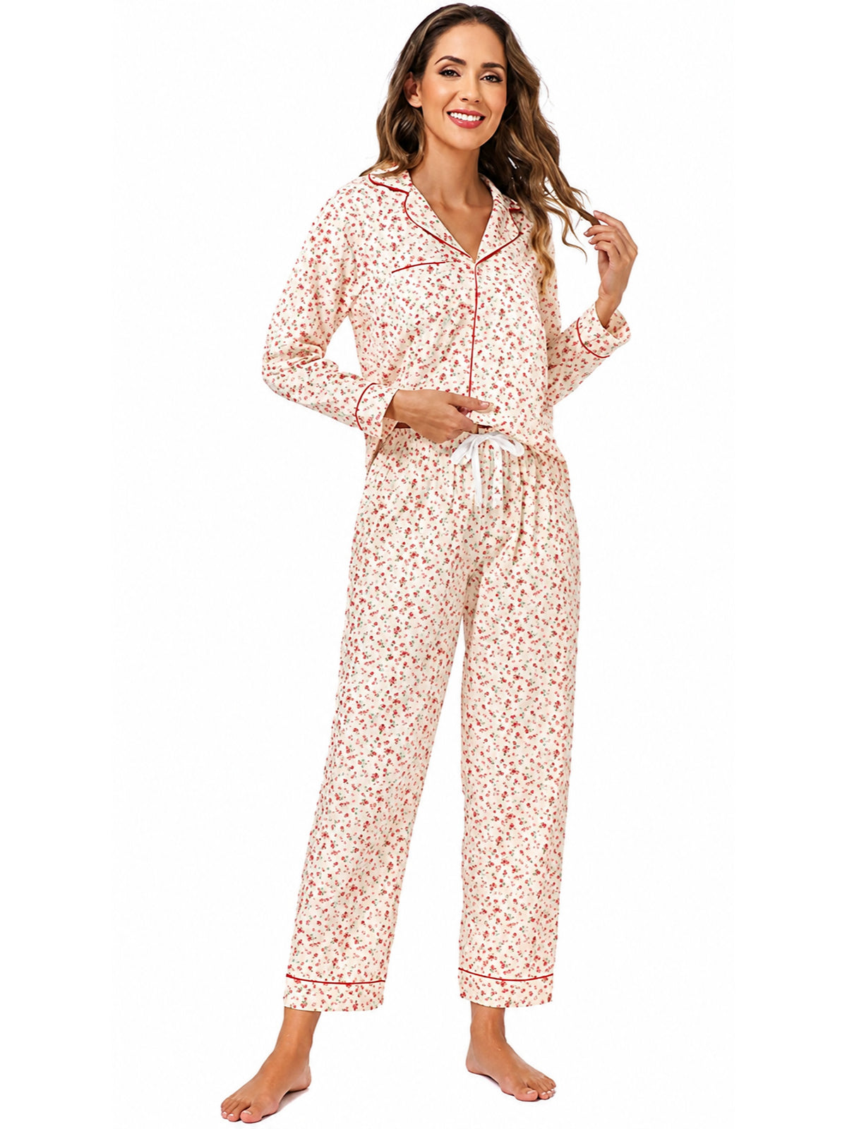 WQD Pajamas for Women 2 Piece Set Long Sleeve Button Front Pajama Set Soft Printed Sleepwear with Wide Leg Pants and Pockets