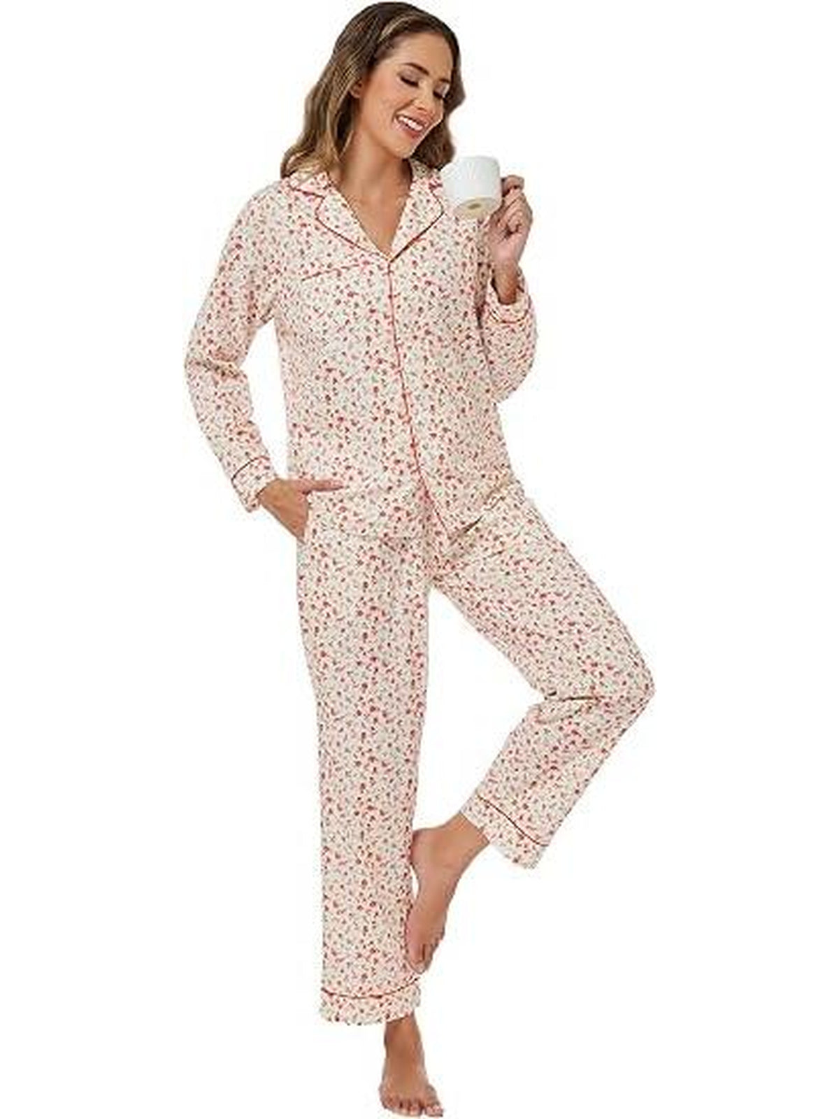 WQD Pajamas for Women 2 Piece Set Long Sleeve Button Front Pajama Set Soft Printed Sleepwear with Wide Leg Pants and Pockets