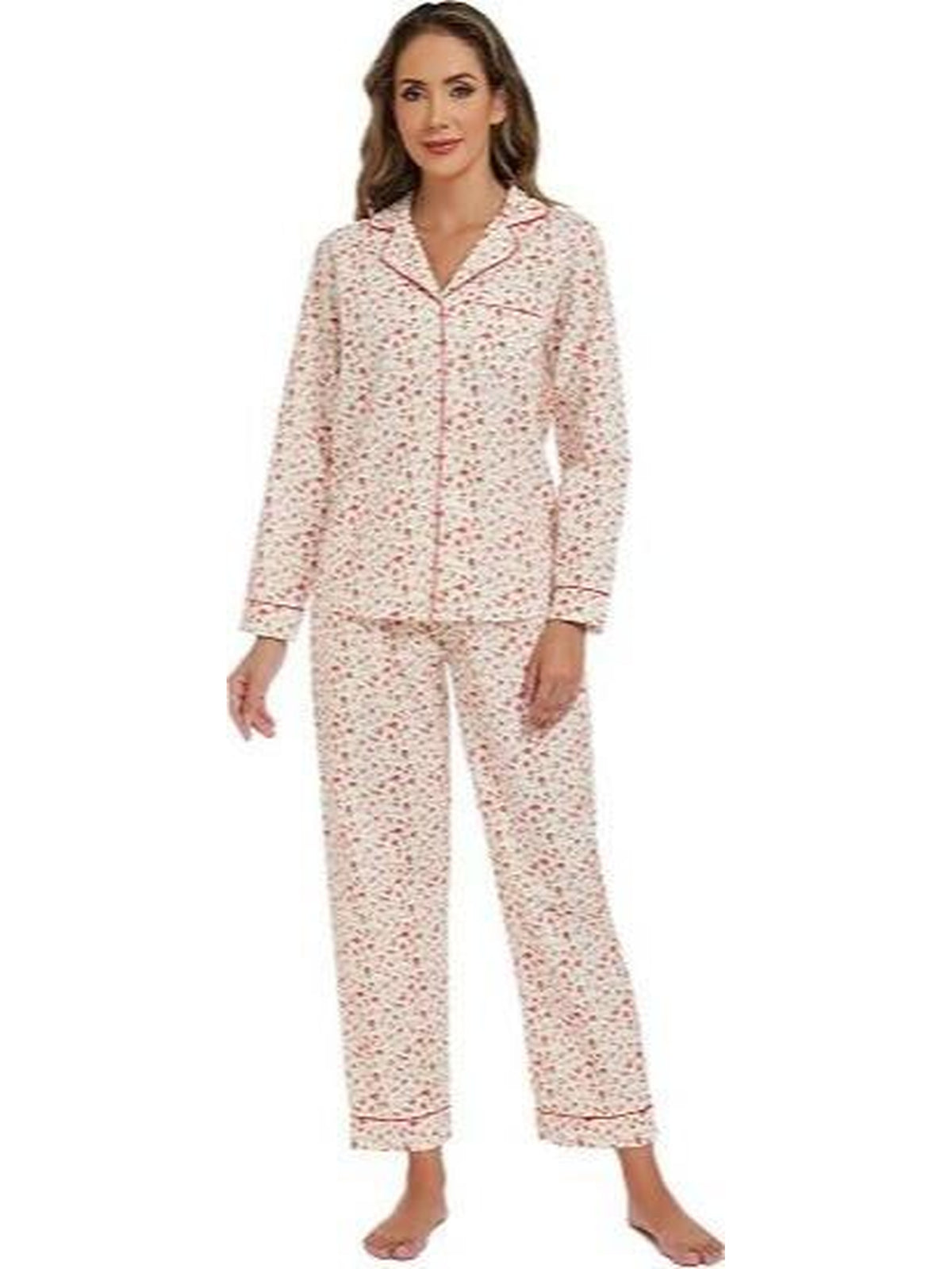 WQD Pajamas for Women 2 Piece Set Long Sleeve Button Front Pajama Set Soft Printed Sleepwear with Wide Leg Pants and Pockets