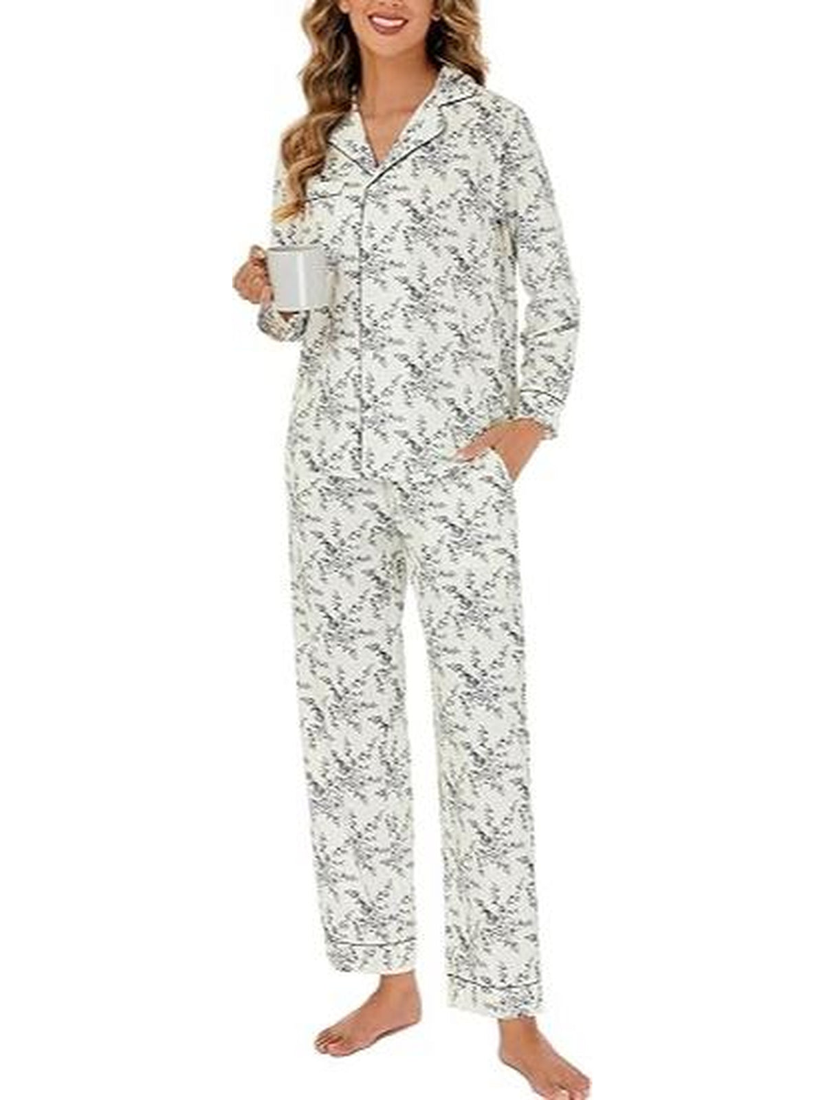WQD Pajamas for Women 2 Piece Set Long Sleeve Button Front Pajama Set Soft Printed Sleepwear with Wide Leg Pants and Pockets