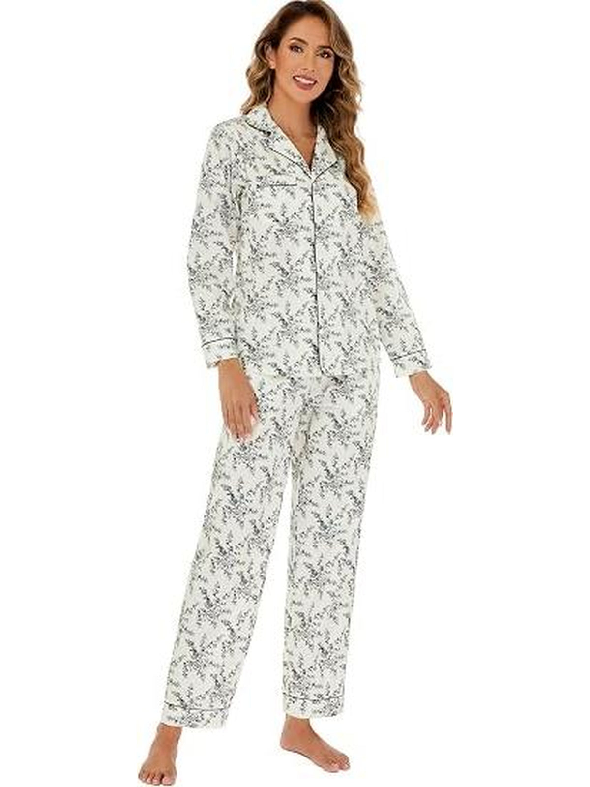 WQD Pajamas for Women 2 Piece Set Long Sleeve Button Front Pajama Set Soft Printed Sleepwear with Wide Leg Pants and Pockets