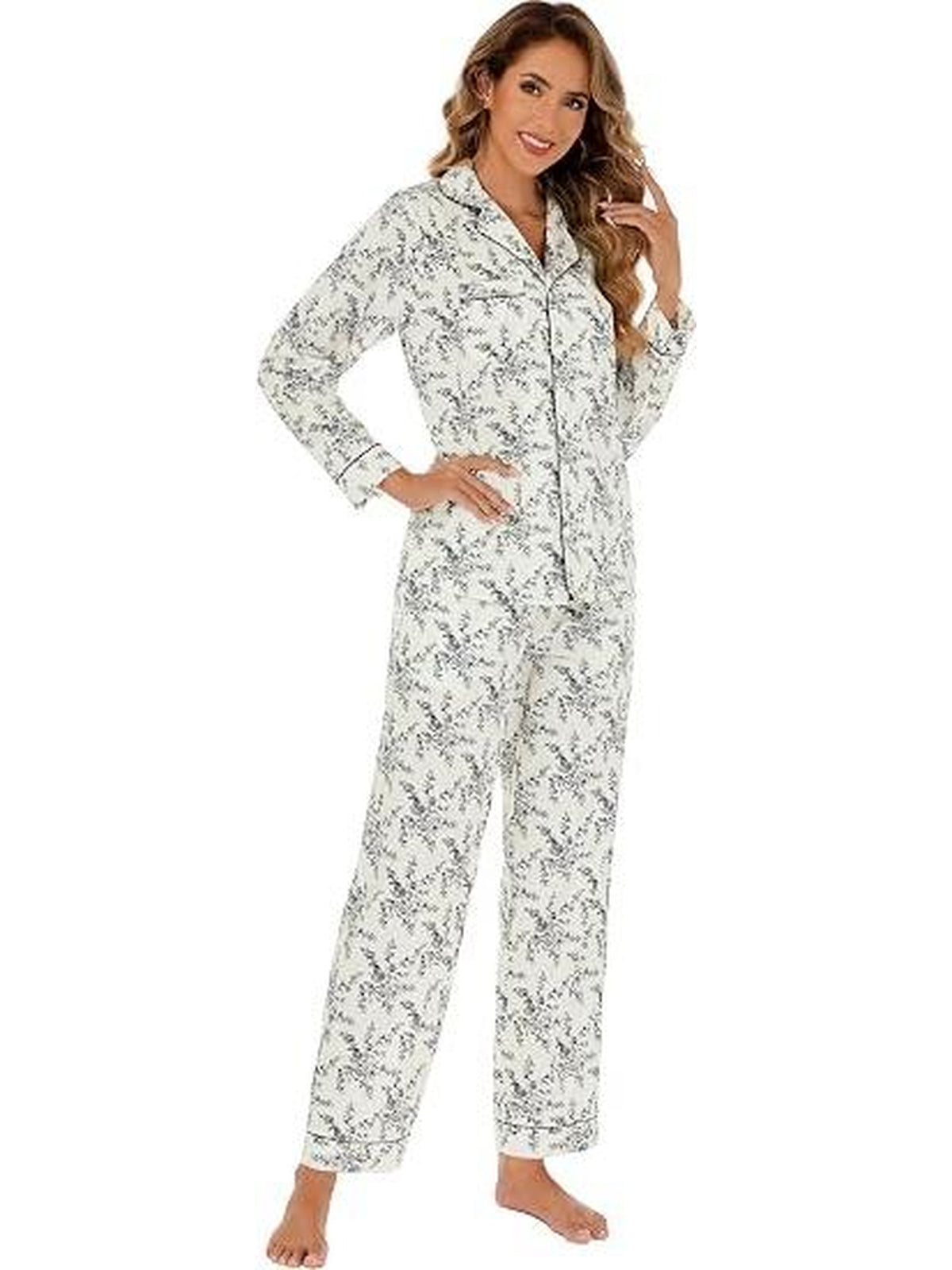 WQD Pajamas for Women 2 Piece Set Long Sleeve Button Front Pajama Set Soft Printed Sleepwear with Wide Leg Pants and Pockets