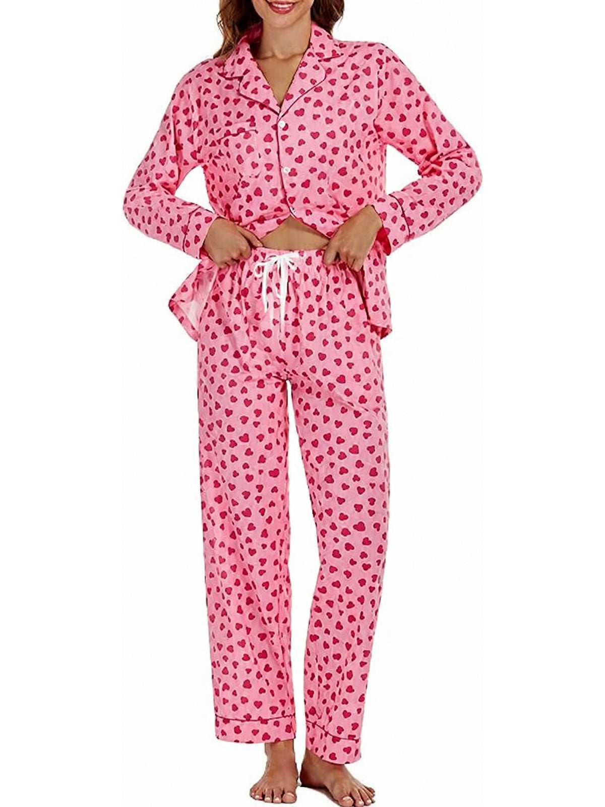 WQD Pajamas for Women 2 Piece Set Long Sleeve Button Front Pajama Set Soft Printed Sleepwear with Wide Leg Pants and Pockets