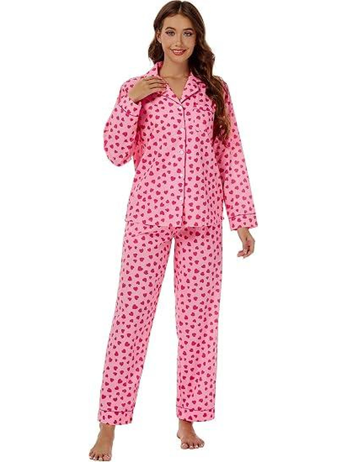 WQD Pajamas for Women 2 Piece Set Long Sleeve Button Front Pajama Set Soft Printed Sleepwear with Wide Leg Pants and Pockets