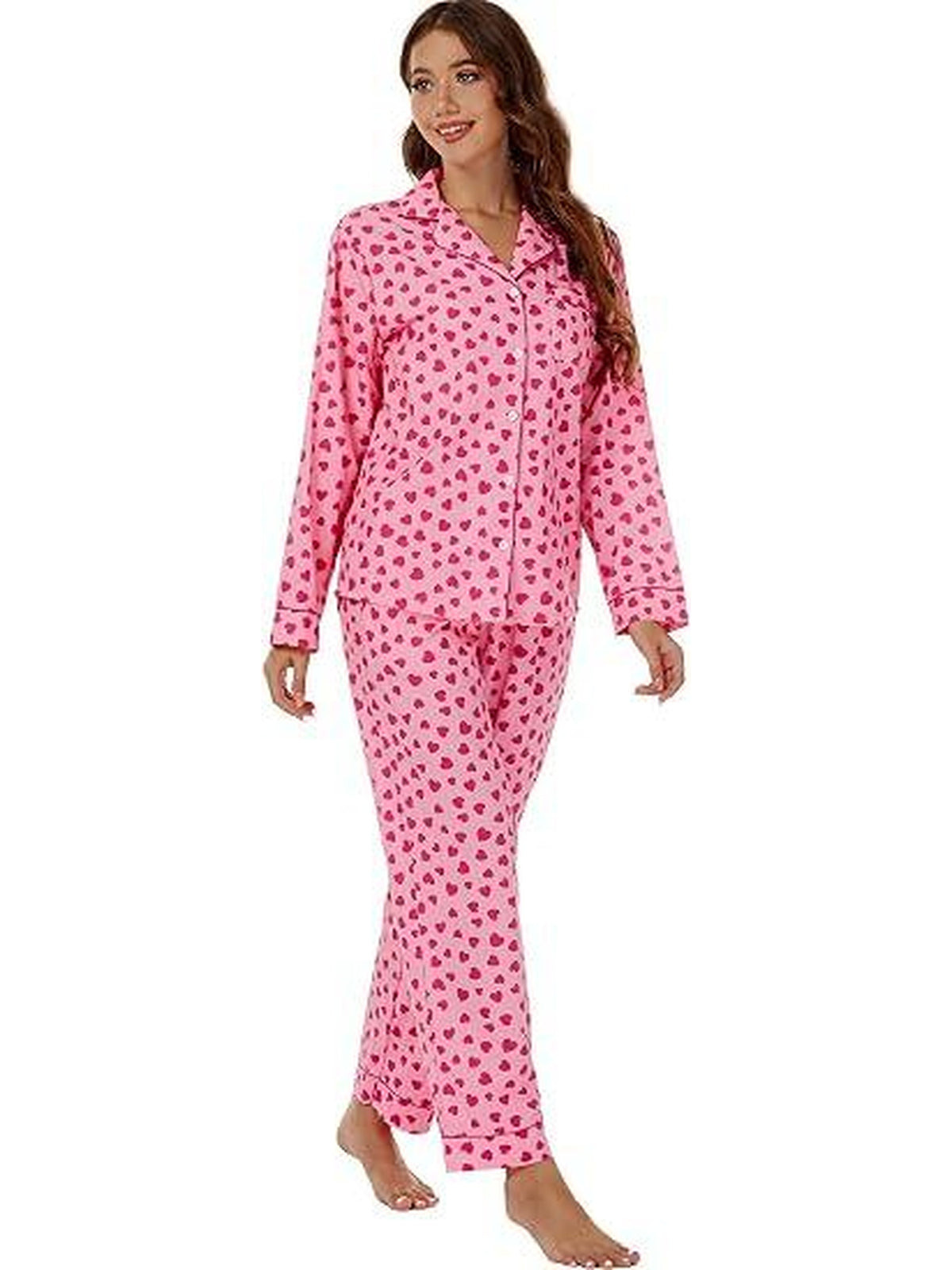 WQD Pajamas for Women 2 Piece Set Long Sleeve Button Front Pajama Set Soft Printed Sleepwear with Wide Leg Pants and Pockets