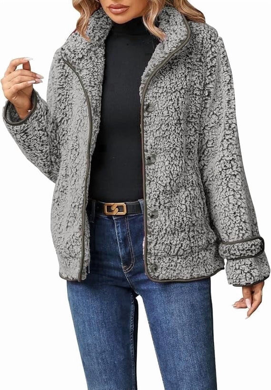 Women's Fleece Jacket Sherpa Teddy Fleece Coat Button Front Warm Outerwear with Pockets Stand Collar for Fall Winter