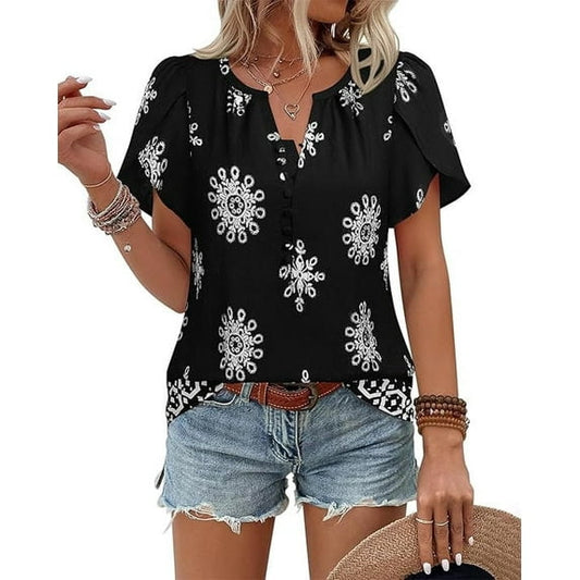 Womens Summer Boho Blouse Short Sleeve Button Down Floral Top Casual Business Work Shirt Fashion Beach Vacation Tops