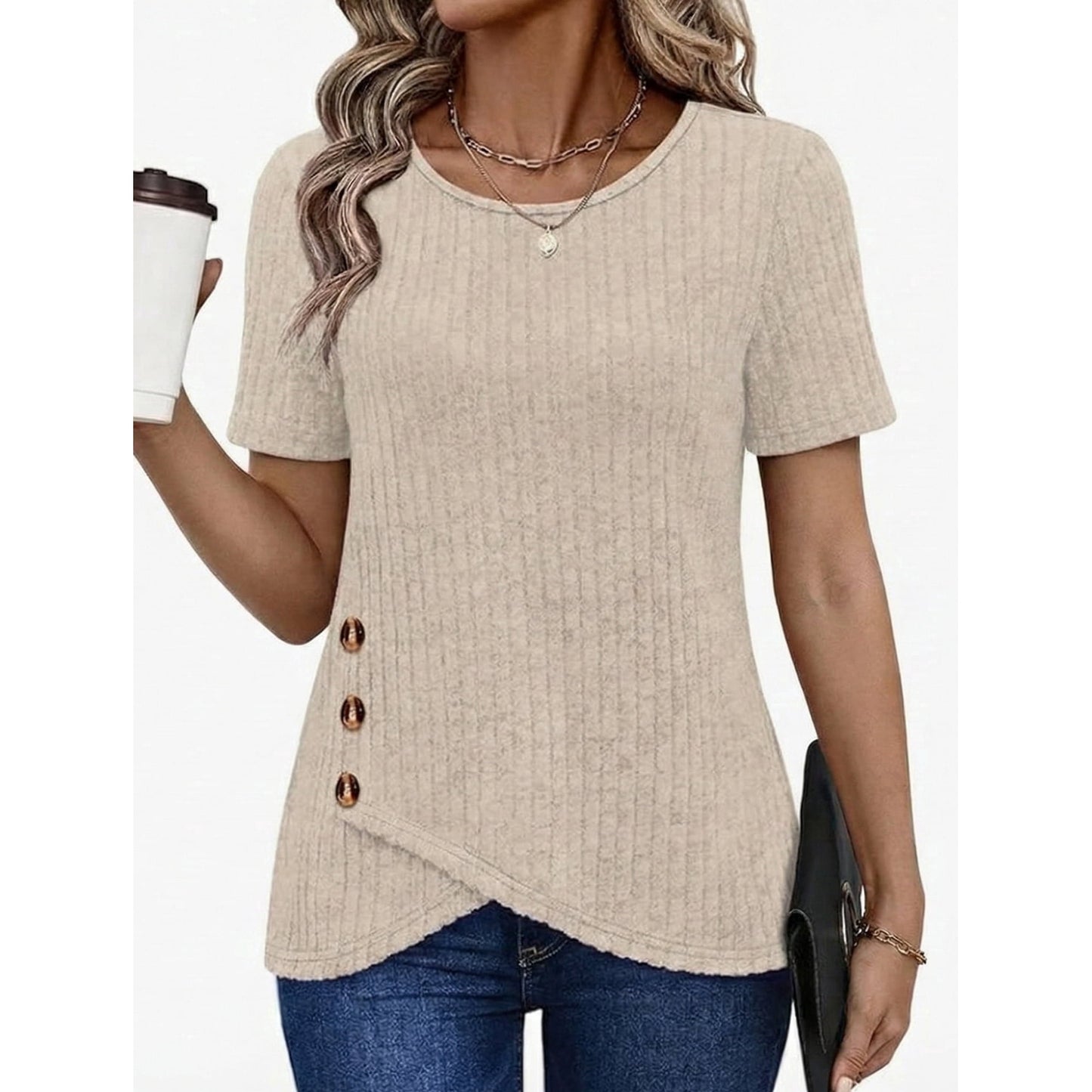 Womens Summer Tunic Tops Short Sleeve Crew Neck Casual Shirts Button Detail Loose Fit T Shirts for Daily Wear Vacation