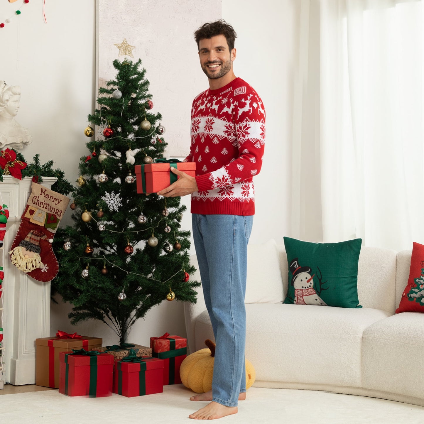 WQD Christmas Sweater Family Couples Warm Thick Casual Knitted Pullover Top Xmas Elk Snowflake Reindeer Sweatshirt for Holiday Party New Year