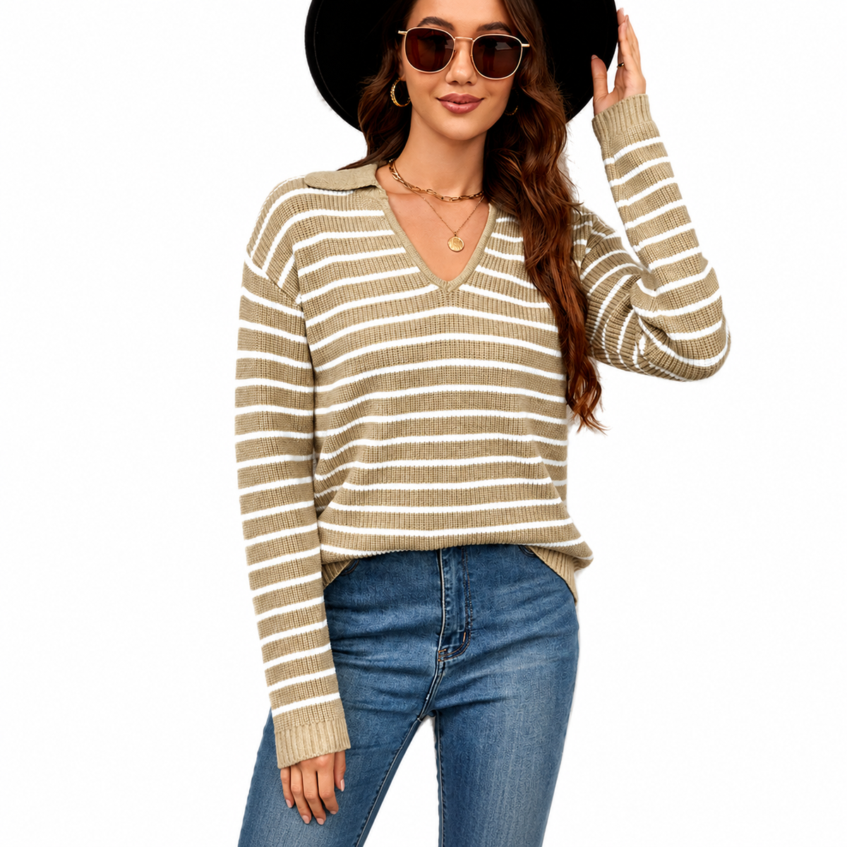 WQD Sweaters for Women Striped V Neck Collared Lightweight Knit Pullover Long Sleeve Casual Sweater for Spring Fall Winter