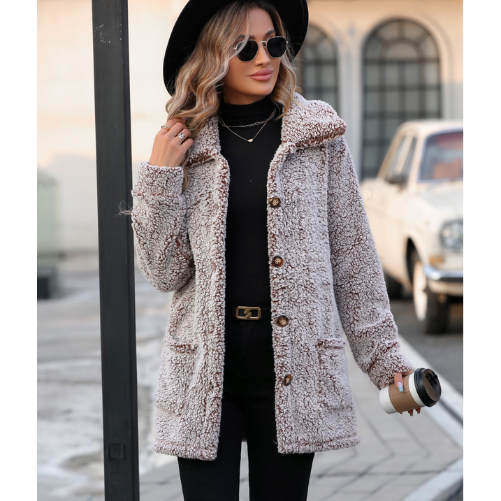 WQD Womens Fleece Jacket Winter Sherpa Coat Long Sleeve Warm Fuzzy Casual Outerwear Soft Cozy Lapel Snow Thick Button Fashion Top with Pockets