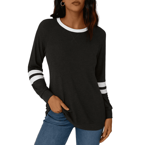 WQD Womens Long Sleeve Shirts Color Block Casual Crewneck Tops Tshirt Basic Tee Fashion Clothes Trendy Outfits for Fall Winter Spring