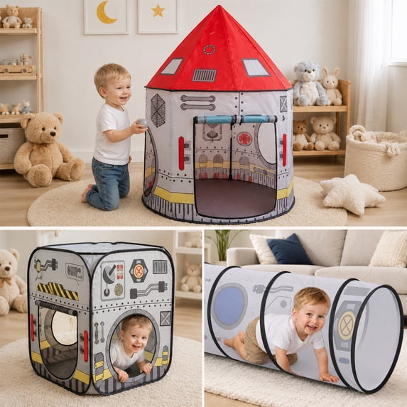 Flynow Rocket Ship Pop up Play Tent toys for 0-1-2-3-4-5-6 year old with Tunnel and Playhouse Kids Indoor Outdoor Castle Ball Pit For Baby&Toddler Toys Spaceship Tent Set