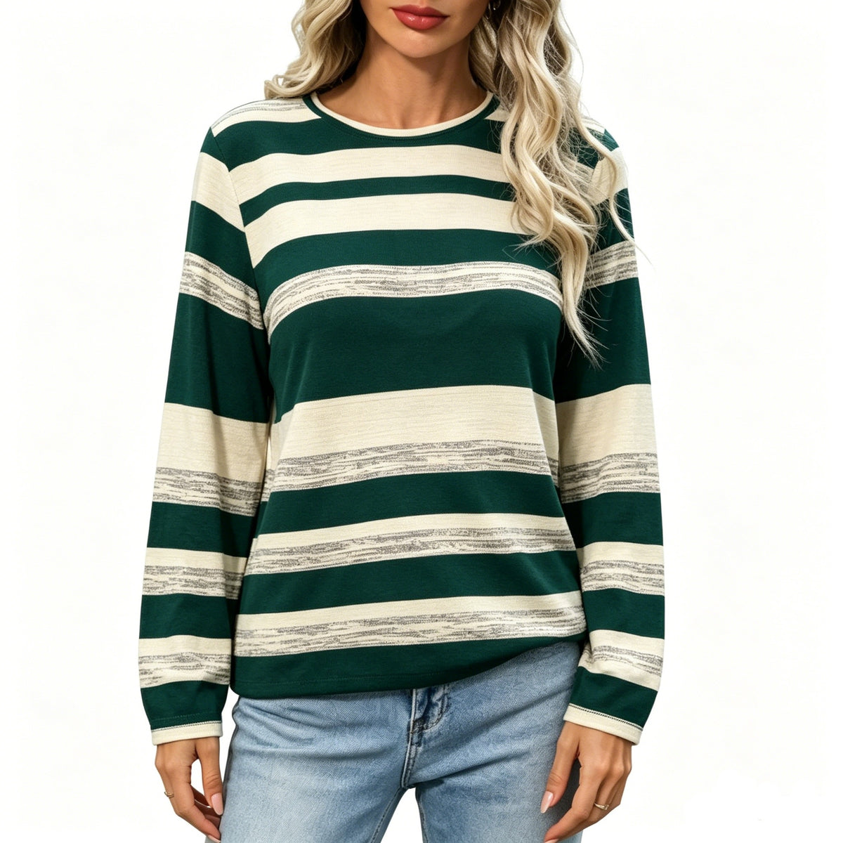 WQD Womens Long Sleeve Sweater Tops Crew Neck Striped Sweater for Women Lightweight Pullover Sweaters Casual Striped Womens Top Sweater