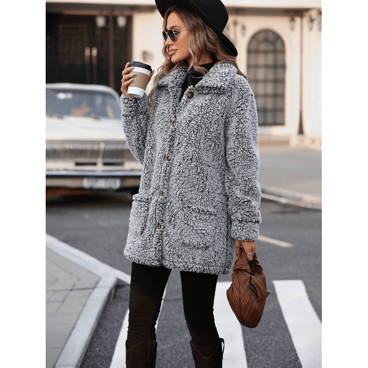 WQD Womens Fleece Jacket Winter Sherpa Coat Long Sleeve Warm Fuzzy Casual Outerwear Soft Cozy Lapel Snow Thick Button Fashion Top with Pockets