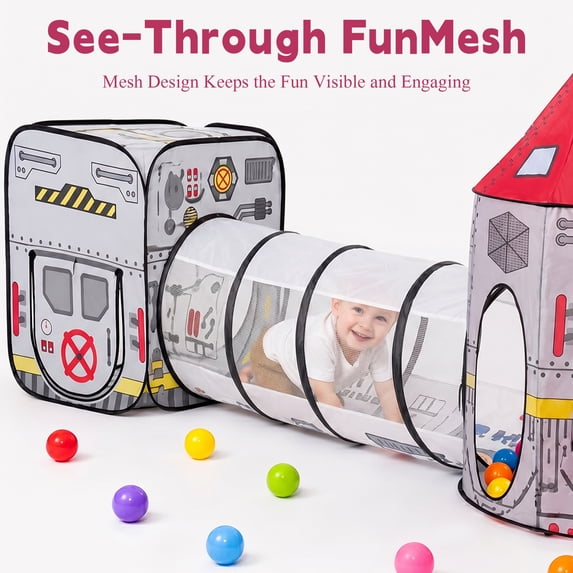 Flynow Rocket Ship Pop up Play Tent toys for 0-1-2-3-4-5-6 year old with Tunnel and Playhouse Kids Indoor Outdoor Castle Ball Pit For Baby&Toddler Toys Spaceship Tent Set