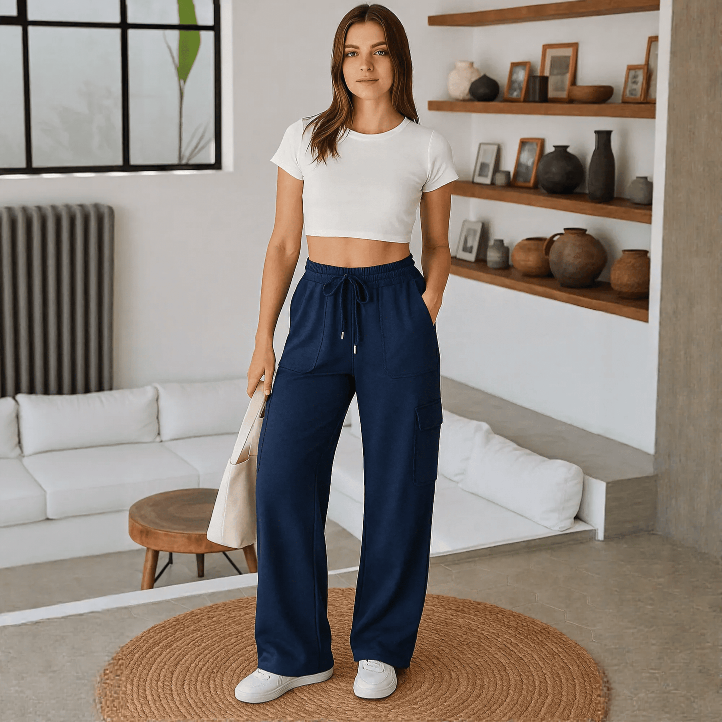 WQD Women's Cargo Sweatpants Joggers High Waisted Wide Leg Pants Athletic Casual Baggy Sweat Pants with Pockets