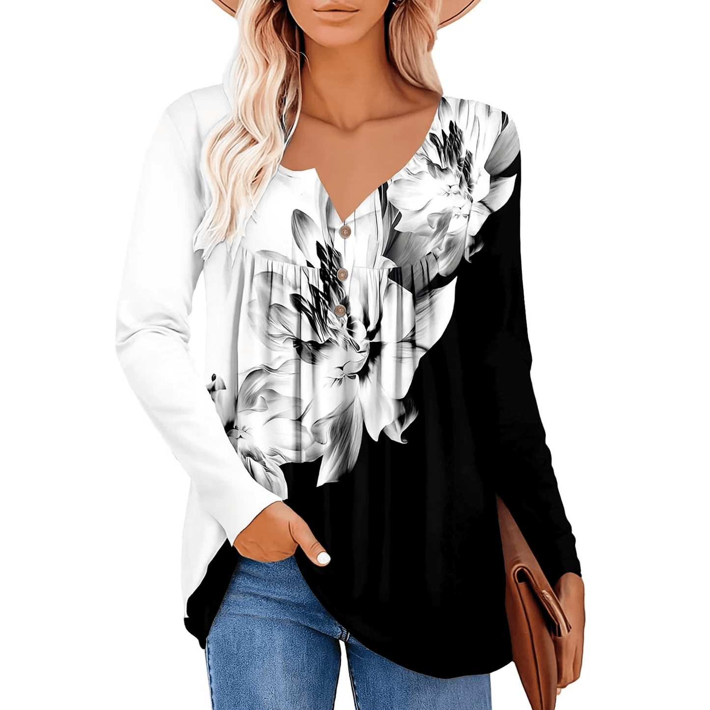 WQD Womens Long Sleeve Shirts Dressy Casual Floral Blouses Loose Tunic Tops for Fall Winter Spring (Available in Plus Size)