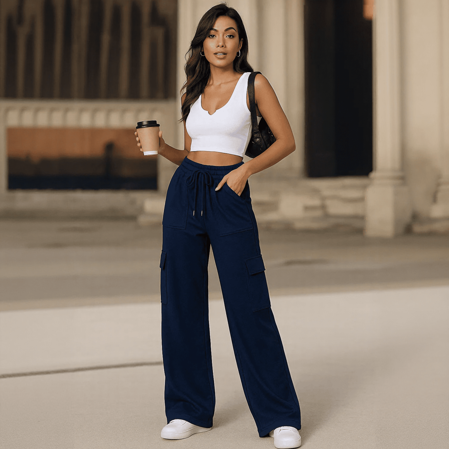 WQD Women's Cargo Sweatpants Joggers High Waisted Wide Leg Pants Athletic Casual Baggy Sweat Pants with Pockets