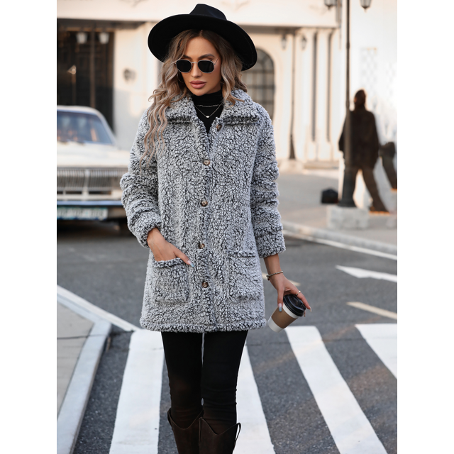 WQD Womens Fleece Jacket Winter Sherpa Coat Long Sleeve Warm Fuzzy Casual Outerwear Soft Cozy Lapel Snow Thick Button Fashion Top with Pockets